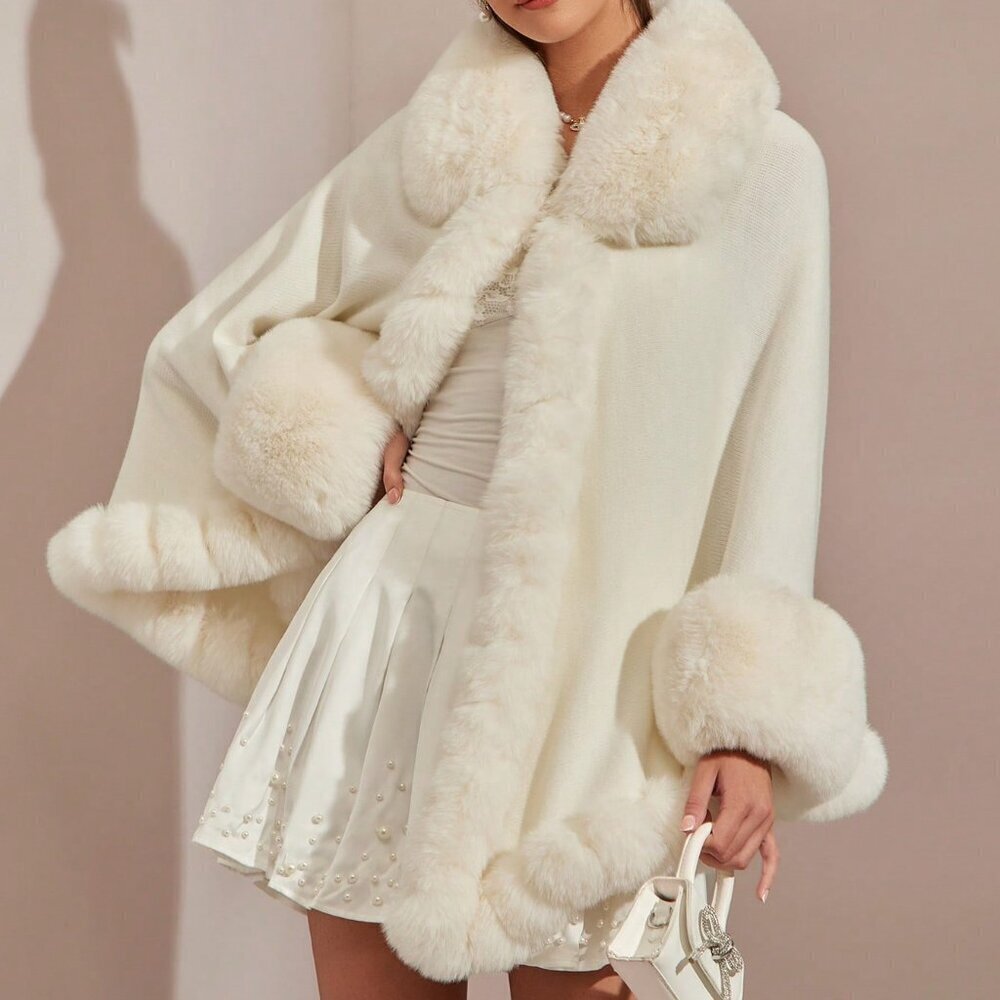 White Preppy Women's Loose Fit Faux Fur Poncho Coat